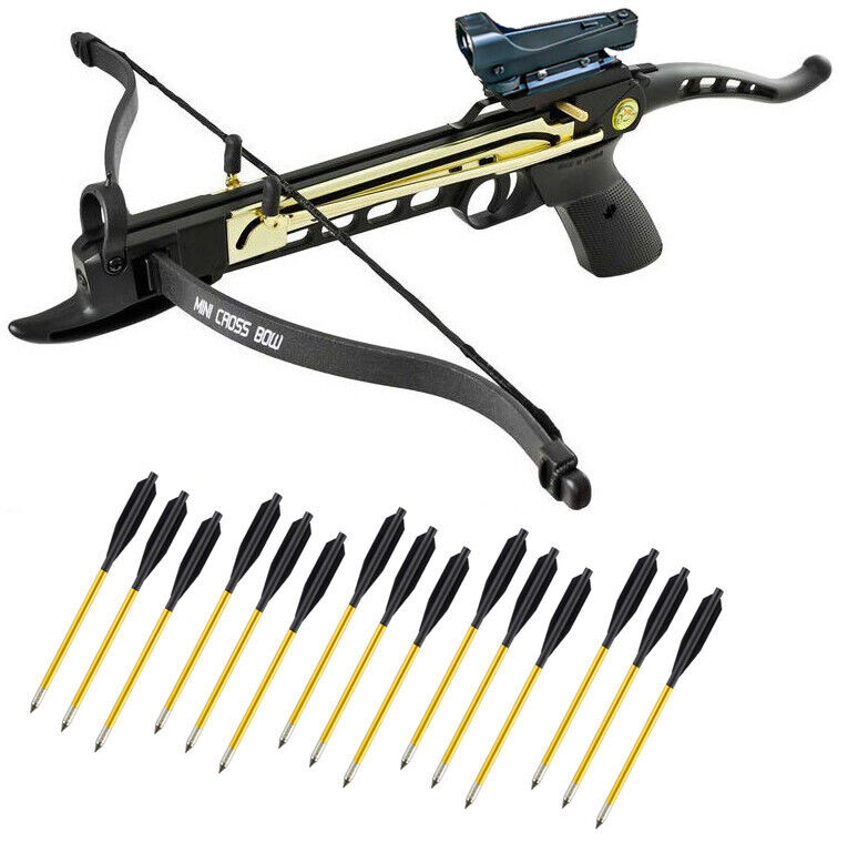 80lbs Self Cocking Metal Gold Hunting Pistol Crossbow 15 Arrows Red Dot Scope